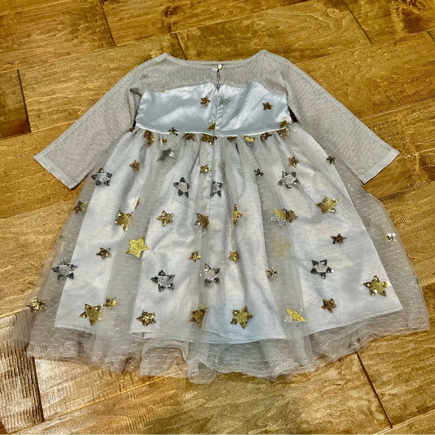 EleStory Girls Starlet Long Sleeve Dress Grey Silver Gold Size 4T EUC Stars