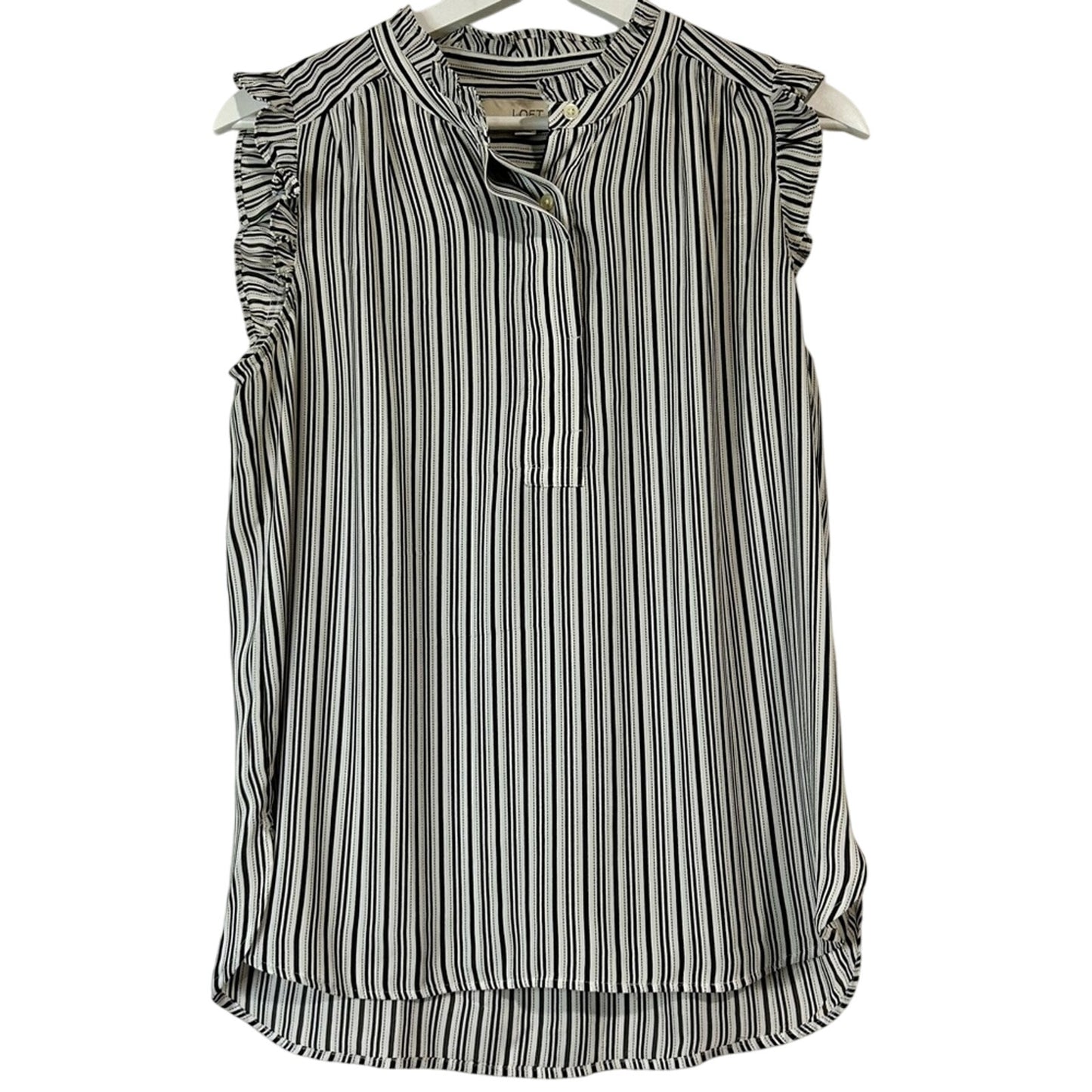 Loft Women’s Sleeveless Ruffle Striped Blouse Black White Size Medium EUC Girly