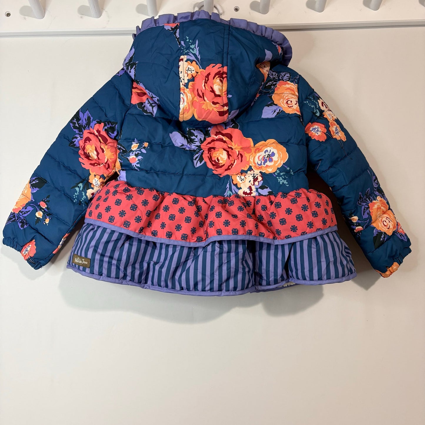 Matilda Jane Girls Floral Print Hooded Puffer Jacket Teal Blue Quilted Coat EUC