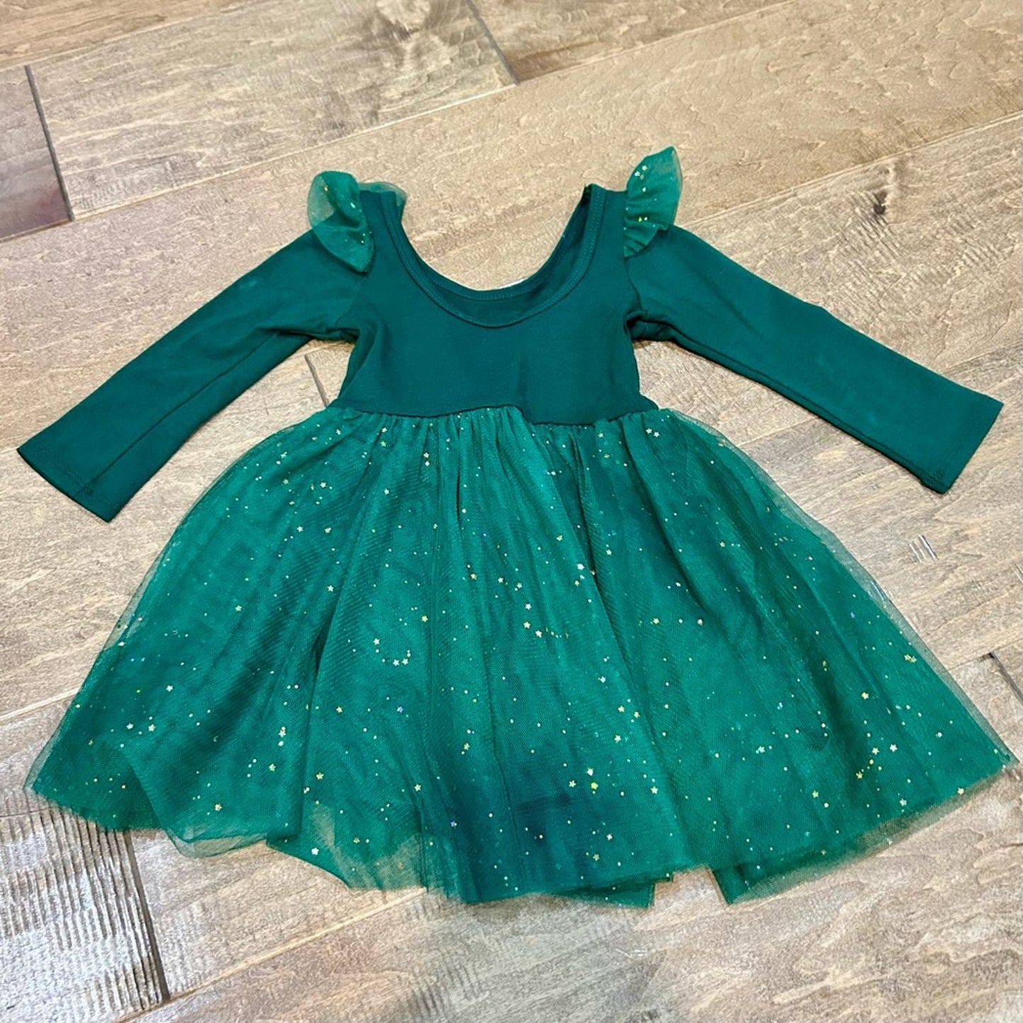 Ele Story Girls Mistletoe Ballerina Dress Green Size 12-18 M EUC Stars Tulle