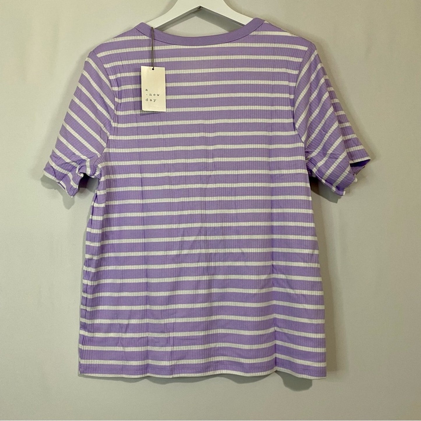 A New Day Women’s Round Neck Ribbed Short Sleeve Tee Purple & White Stripe NWT