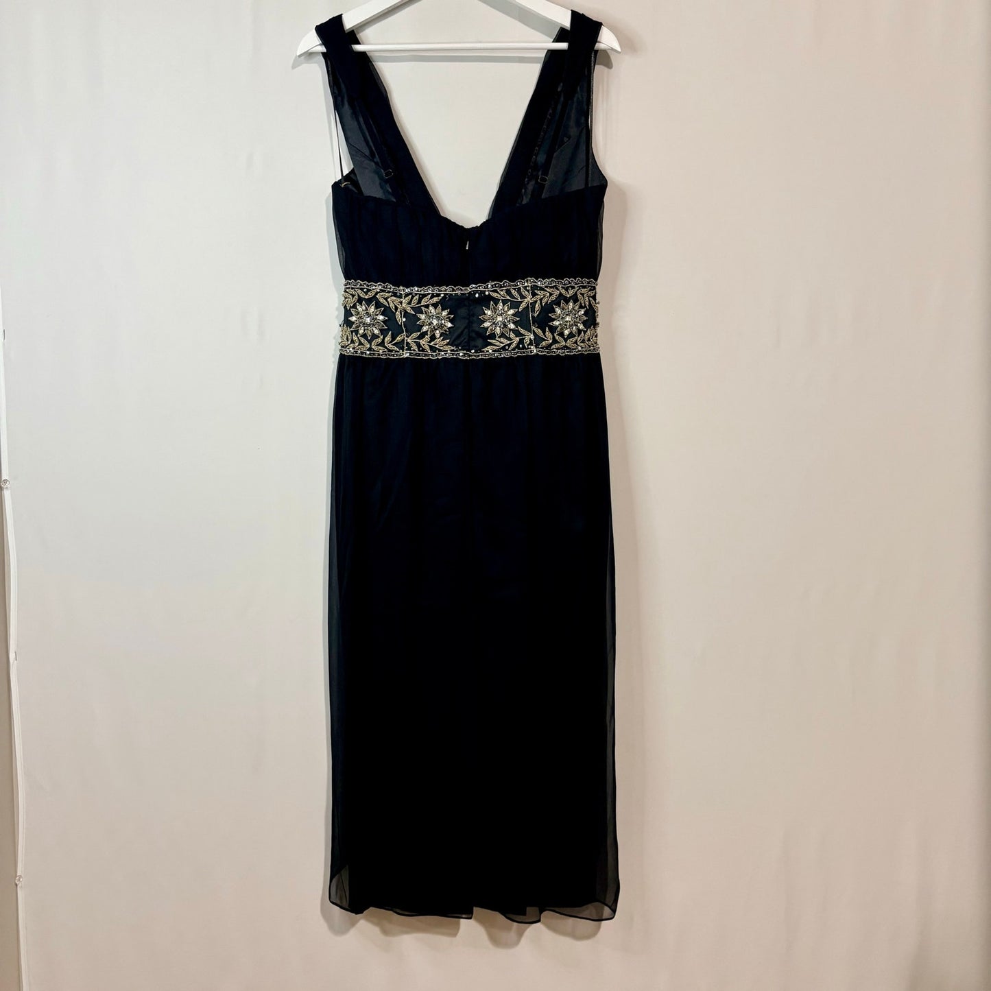 Mandalay Women’s Silk Beaded Waist Midi Evening Gown Dress Black Size 10 NWT