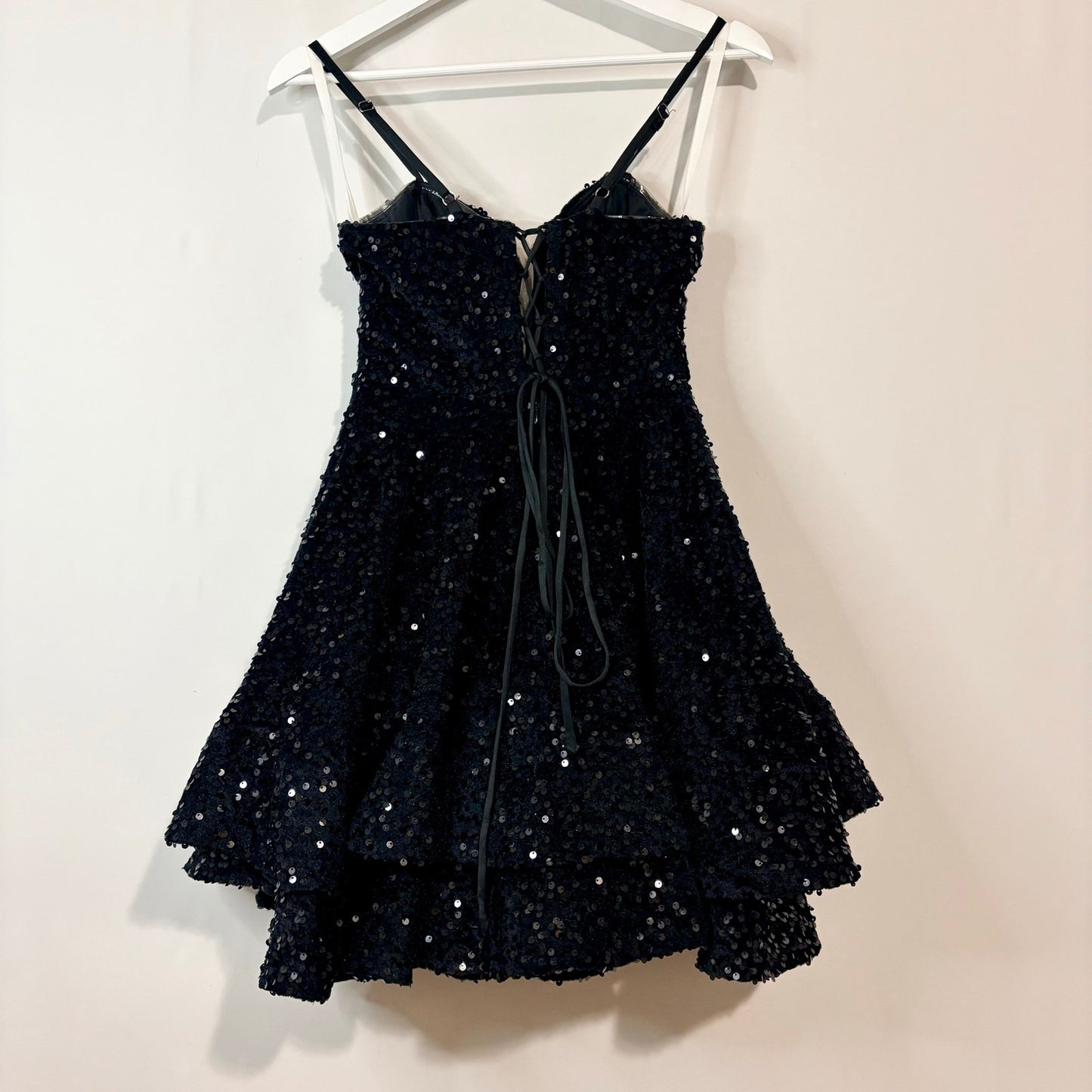 Women’s Velvet Sequin Tiered Mini Dress Black XS Small Party Cocktail Fit & Flare