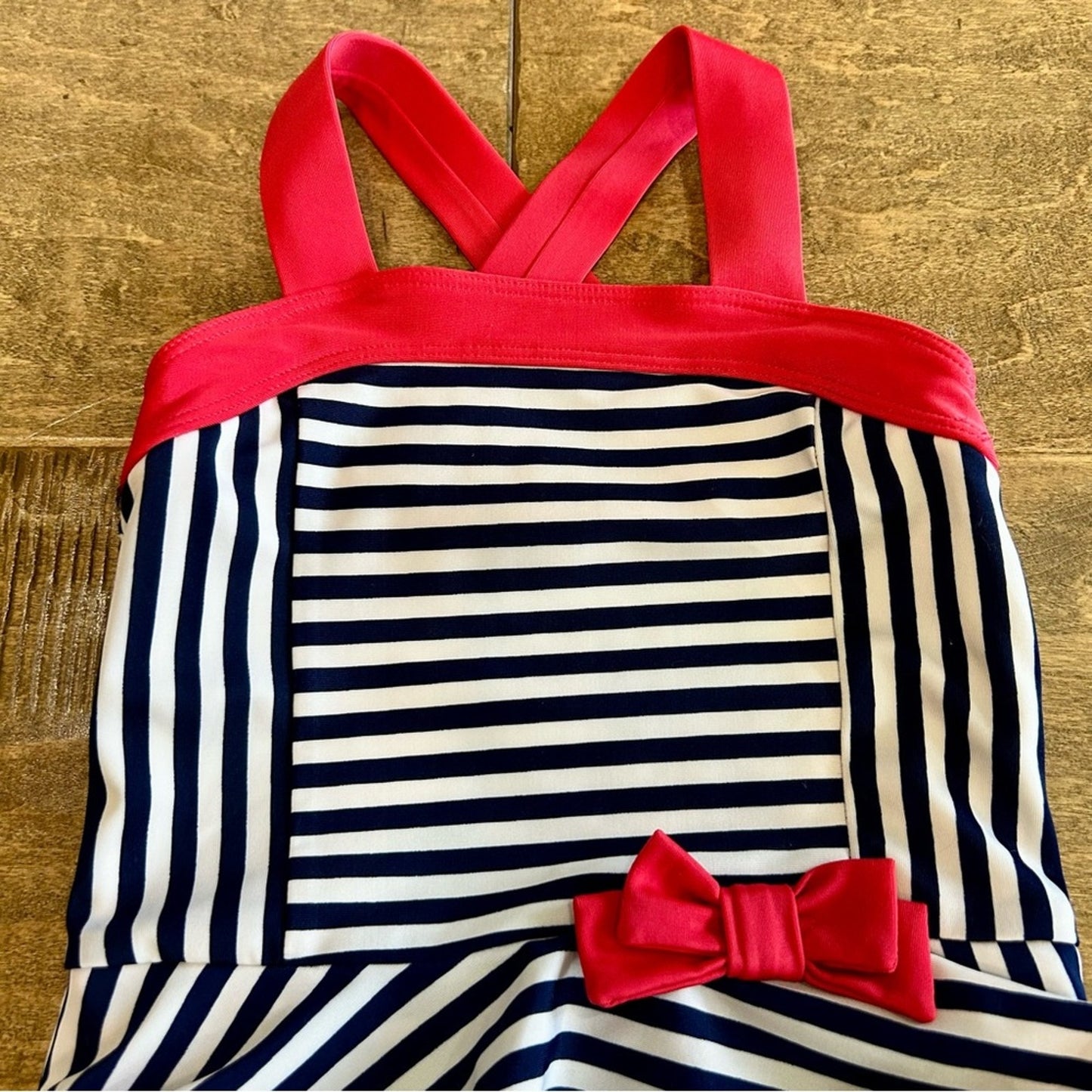 Cat & Jack Toddler Girl Stripe Ruffle Bow One Piece Swimsuit Red Blue 18 M EUC