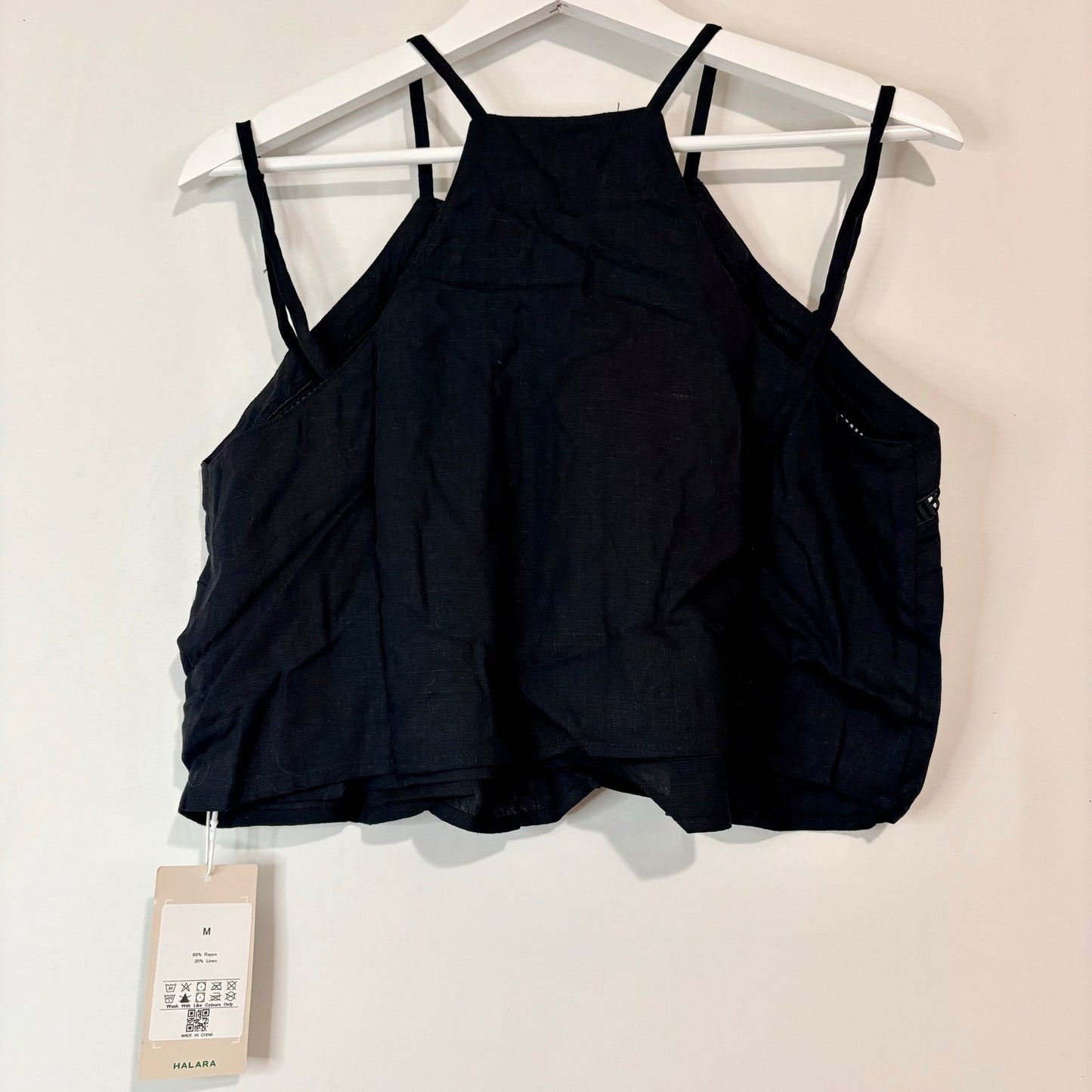 Halara Women’s Linen Blend Double Strap Crop Tank Top Black Size Medium NWT
