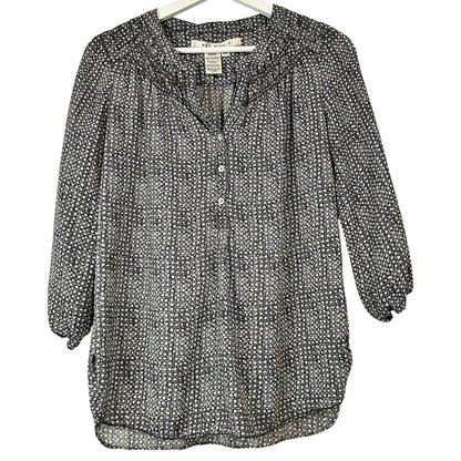 Max Studio Women’s 3/4 Sleeve Half Button Blouse Black White Print Size XS Sheer Lightweight Polyester