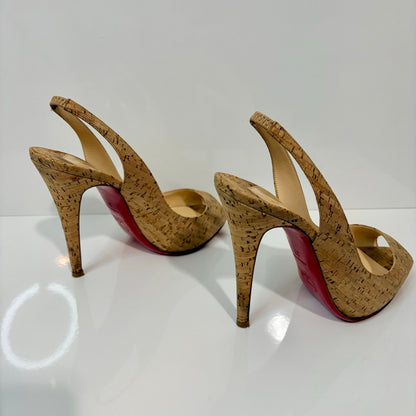 Christian Louboutin Cork Peep Toe Slingback Pumps Red Bottom Heels US 7 EUC Box