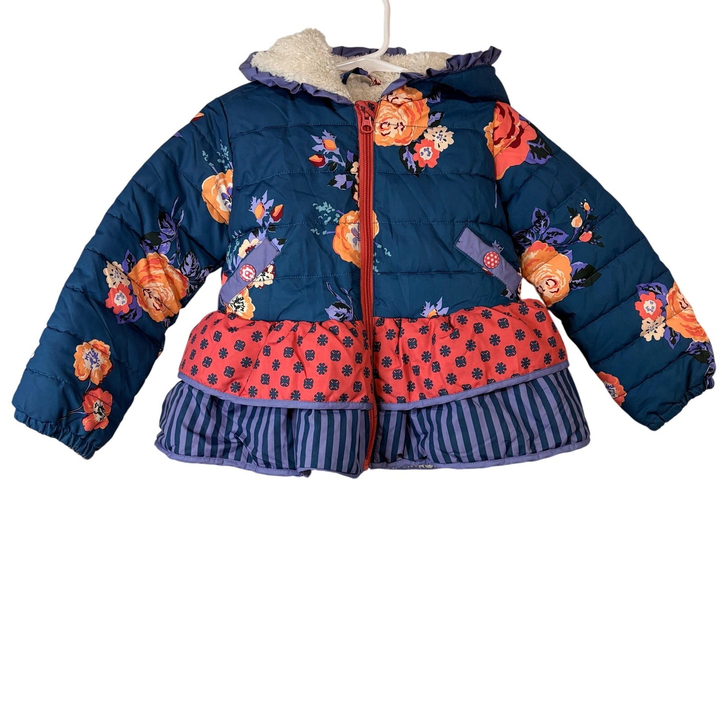 Matilda Jane Girls Floral Print Hooded Puffer Jacket Teal Blue Quilted Coat EUC