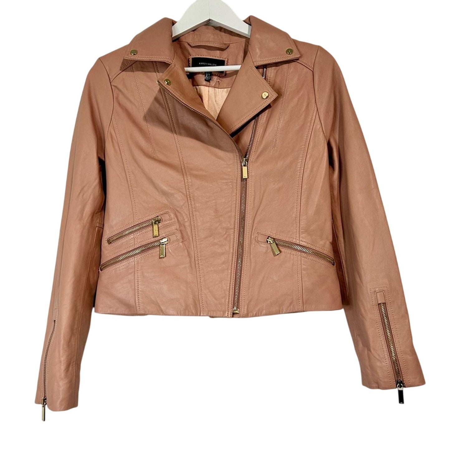 Karen Millen Women's Signature Moto Lamb Leather Jacket Pink Size 4 EUC