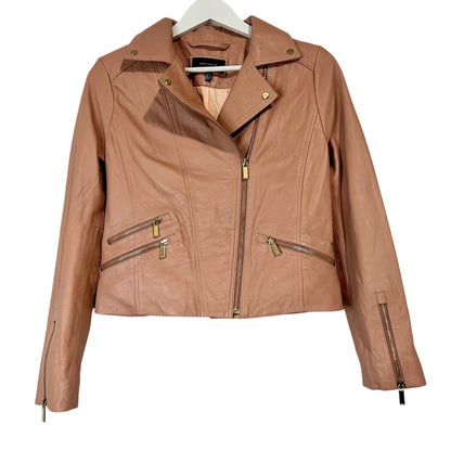 Karen Millen Women's Signature Moto Lamb Leather Jacket Pink Size 4 EUC