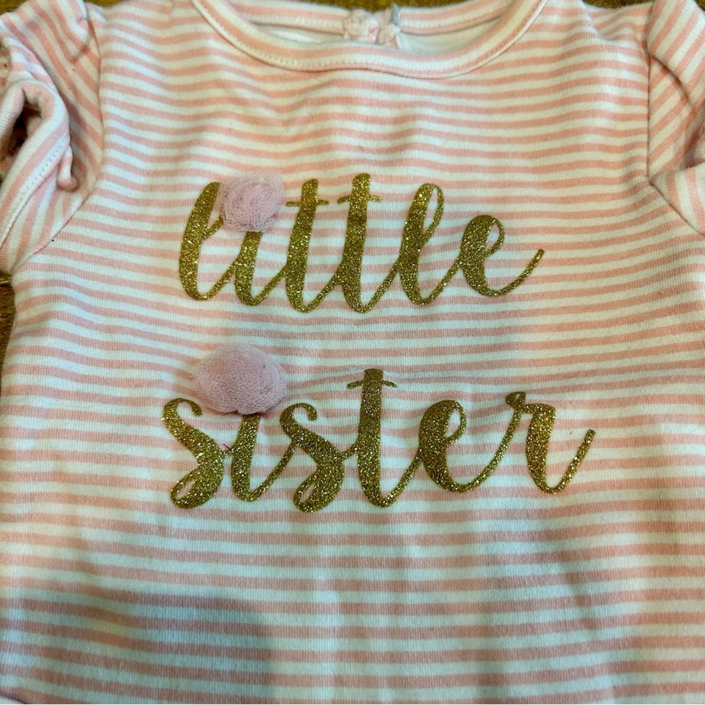 Mud Pie Infant Girl Little Sister Striped Onesie Pink Size 3 M EUC Tulle Girly