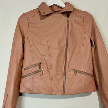 Karen Millen Women's Signature Moto Lamb Leather Jacket Pink Size 4 EUC