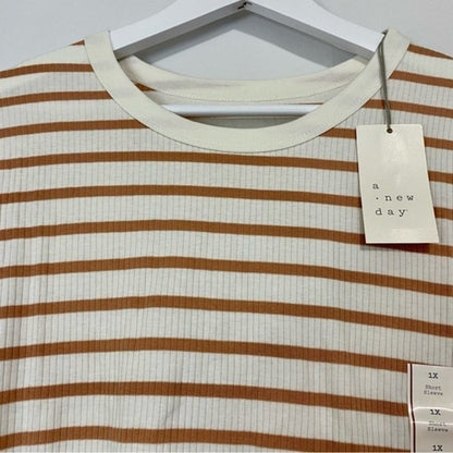 A New Day Women’s Round Neck Ribbed Short Sleeve Tee Brown & White Stripe NWT