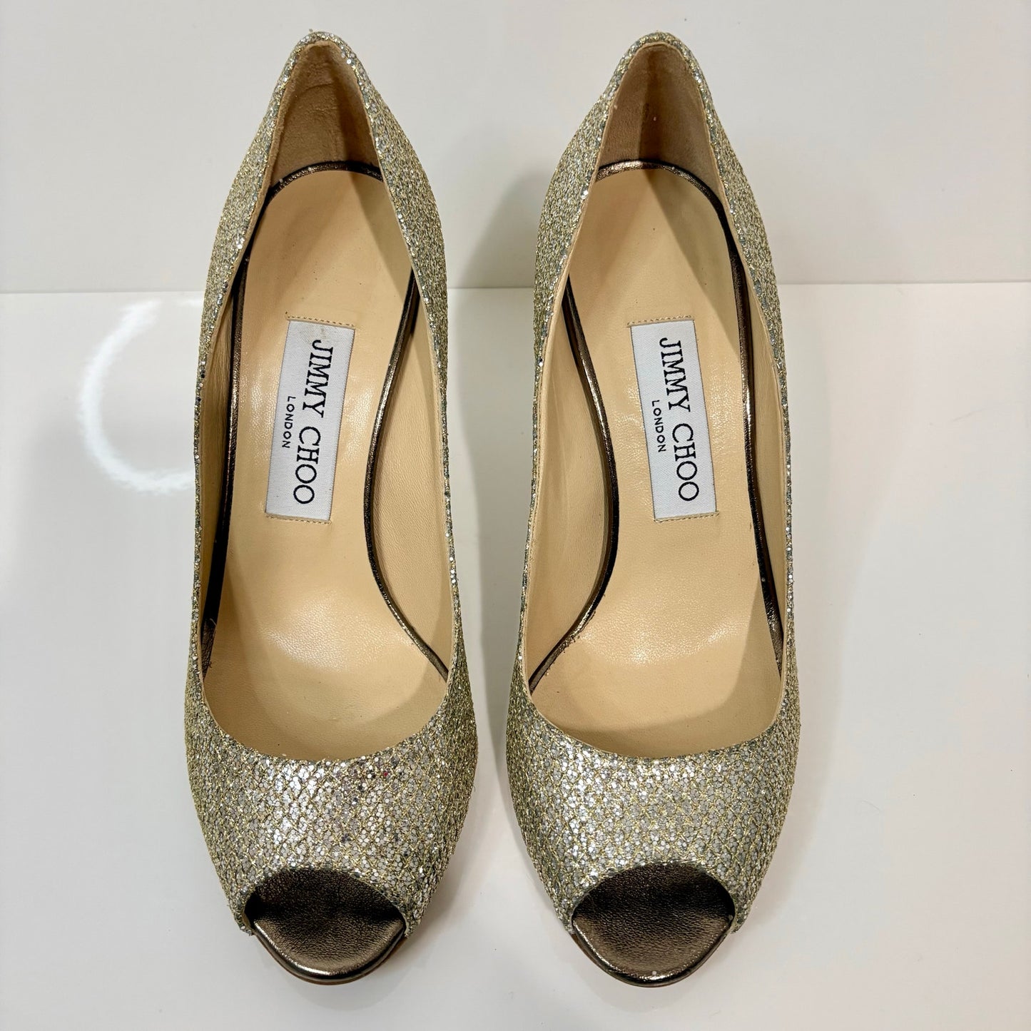 Jimmy Choo Women's Evelyn Peep Toe Pumps Champagne Gold Glitter Heels US 6 EUC
