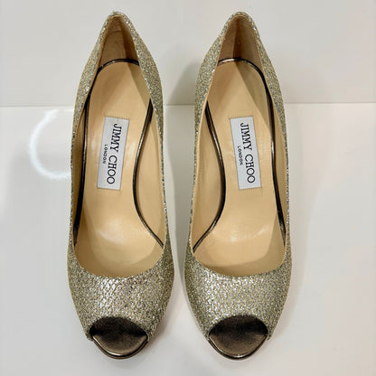 Jimmy Choo Women's Evelyn Peep Toe Pumps Champagne Gold Glitter Heels US 6 EUC