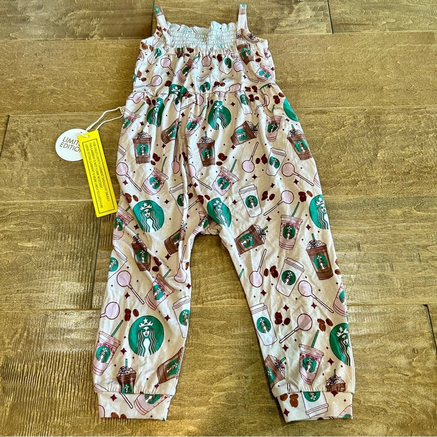 Monkeeroos Pajamas Girls Starbucks Cake Pop Romper Pjs Tan NWT Coffee Limited