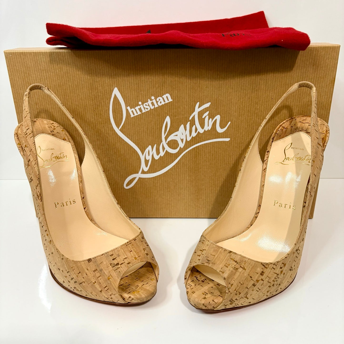 Christian Louboutin Cork Peep Toe Slingback Pumps Red Bottom Heels US 7 EUC Box