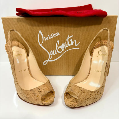 Christian Louboutin Cork Peep Toe Slingback Pumps Red Bottom Heels US 7 EUC Box