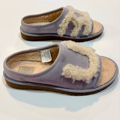 UGG Women’s Suede Shearling Slide Sandals Purple Cream Size 7 EUC Small Spots