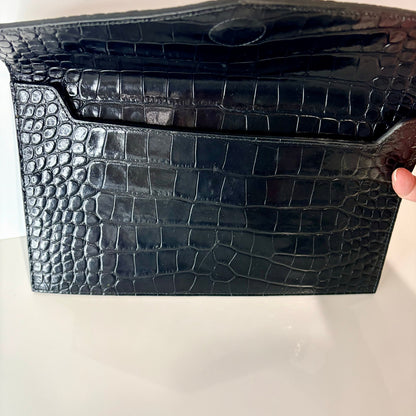 Saint Laurent YSL Uptown Pouch Black Croc Embossed Leather Gold Logo Clutch NWOT
