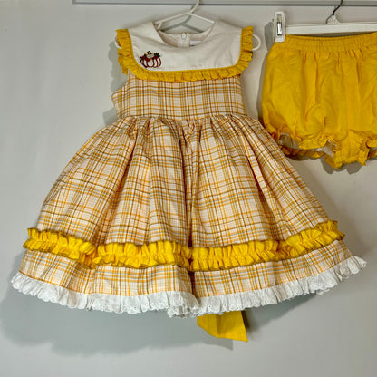 Two Roosters Clothing Girls Jasmine's Be Thankful Dress w/ Bloomers Yellow Size 5 EUC Embroidered Fall