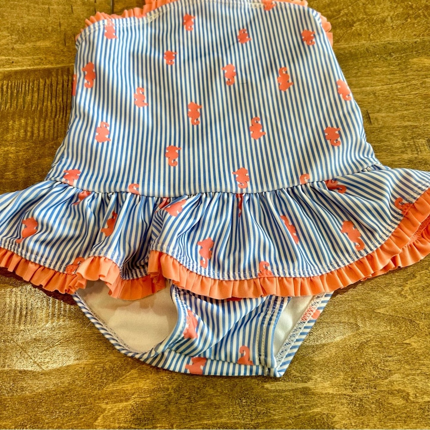 Gymboree Toddler Girls Island Hopper Seahorse Swimsuit & Hat Blue 12-18 M EUC