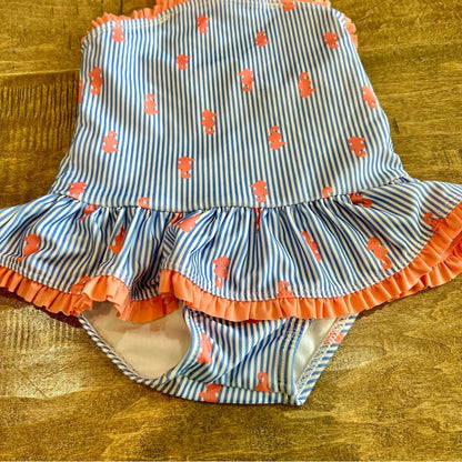 Gymboree Toddler Girls Island Hopper Seahorse Swimsuit & Hat Blue 12-18 M EUC