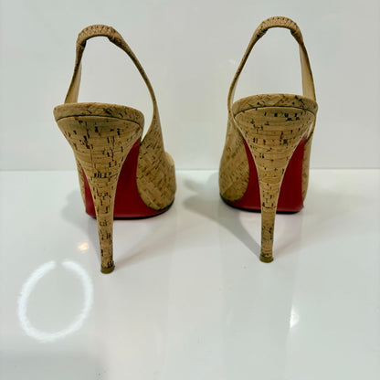 Christian Louboutin Cork Peep Toe Slingback Pumps Red Bottom Heels US 7 EUC Box