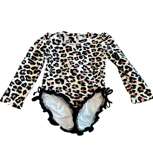 Posh Peanut Girls Leopard Print Ruffle Rash Guard One Piece Swimsuit Cream EUC