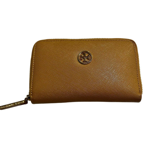 Tory Birch Robinson Zip Around Mini Wallet Saffiano Leather Tan EUC Luxury Logo
