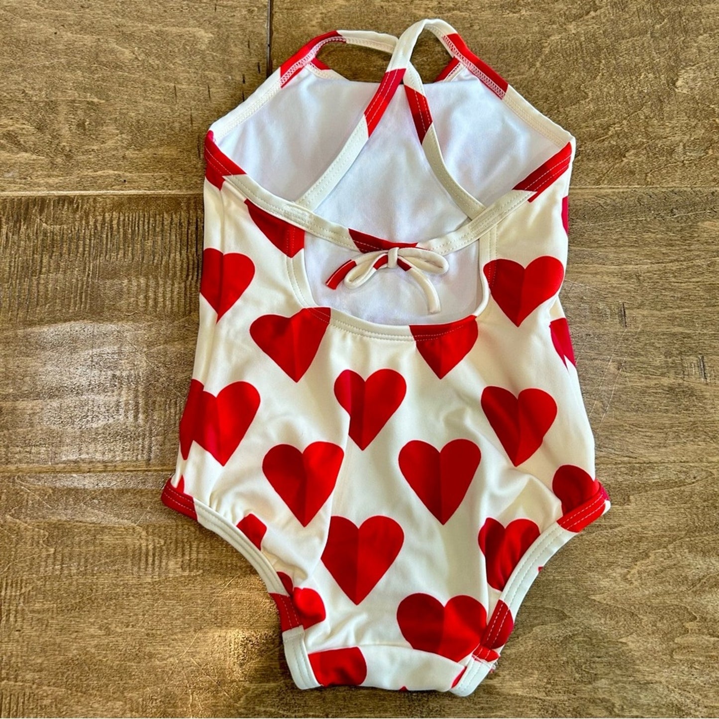 Hanna Andersson Girls Sunblock One Piece Hearts Swimsuit Cream Red 18-24 M EUC