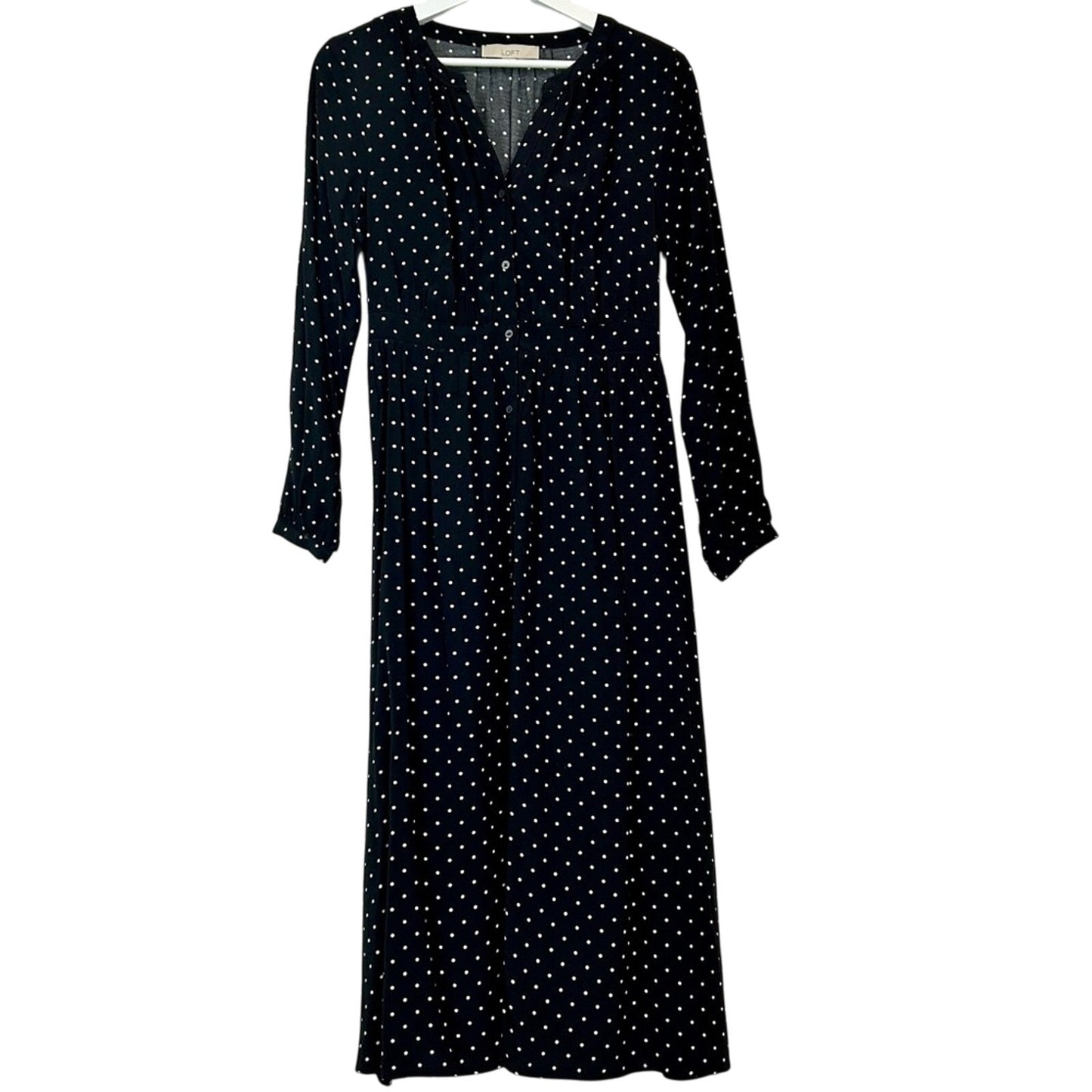 Loft Women’s Long Sleeve Polka Dot Button Down Dress Black White Size 6 FLAW