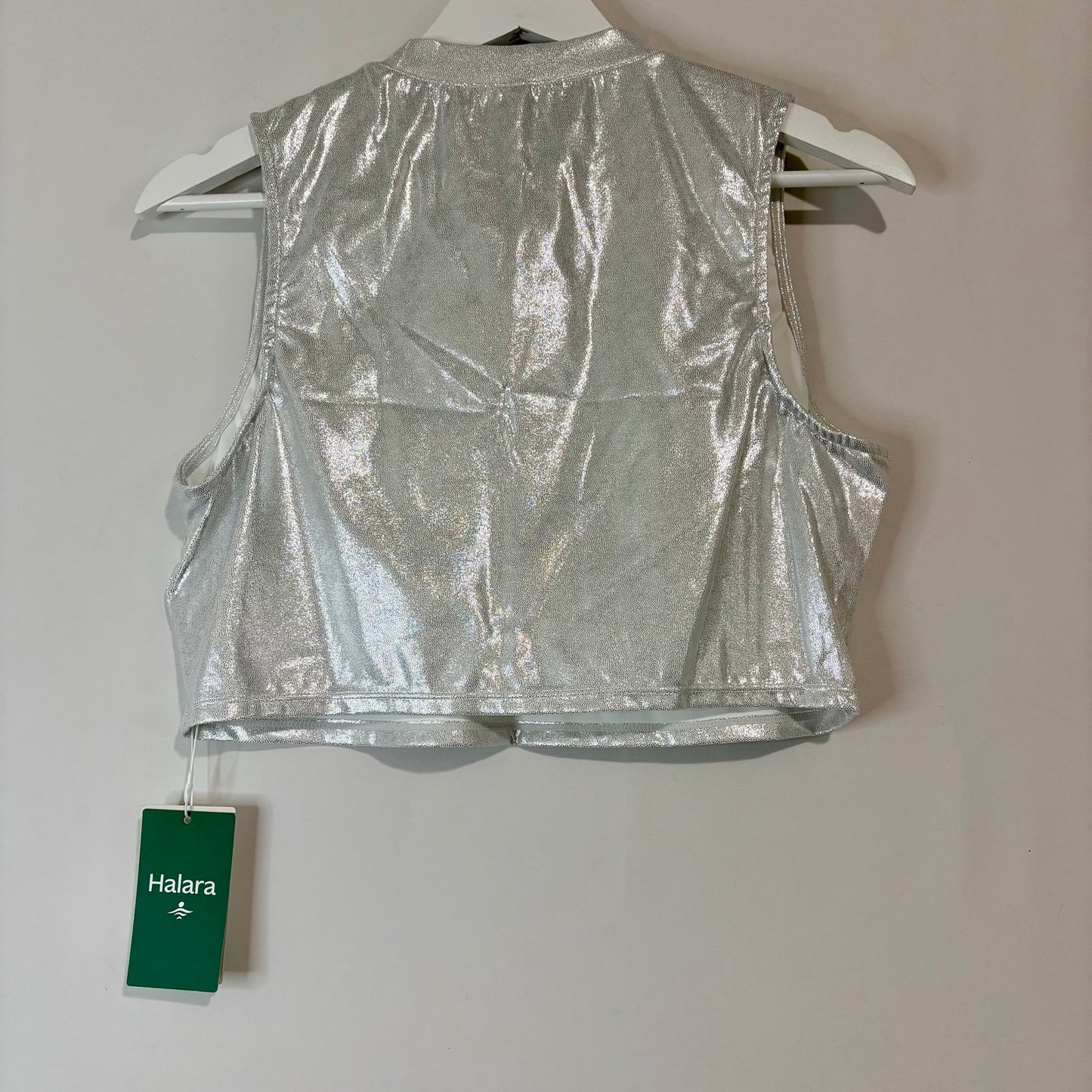 Halara Women’s Shiny Metallic Sleeveless Mockneck Crop Top Silver Size Large NWT