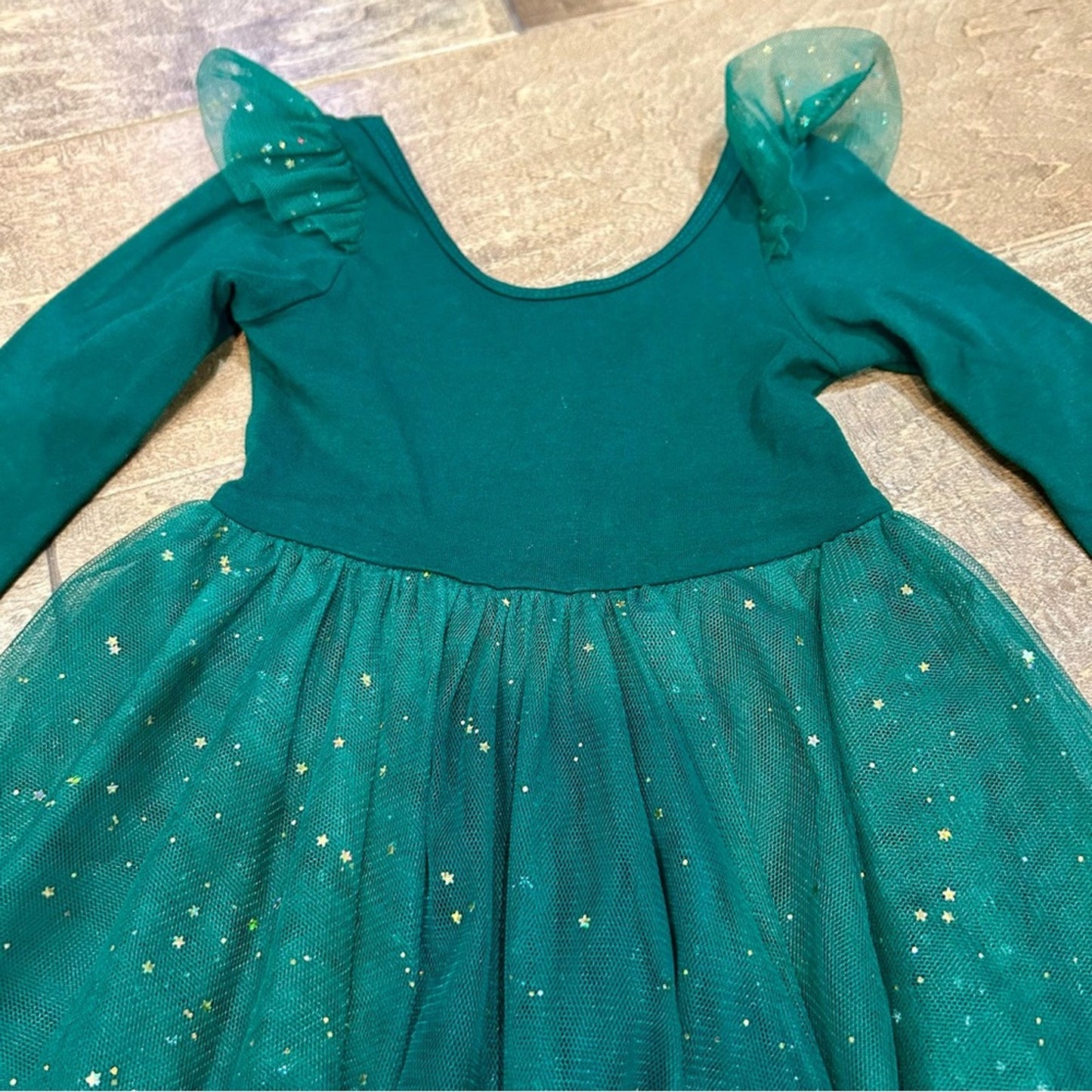 Ele Story Girls Mistletoe Ballerina Dress Green Size 12-18 M EUC Stars Tulle