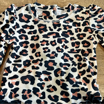 Posh Peanut Girls Leopard Print Ruffle Rash Guard One Piece Swimsuit Cream EUC