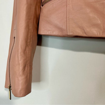 Karen Millen Women's Signature Moto Lamb Leather Jacket Pink Size 4 EUC
