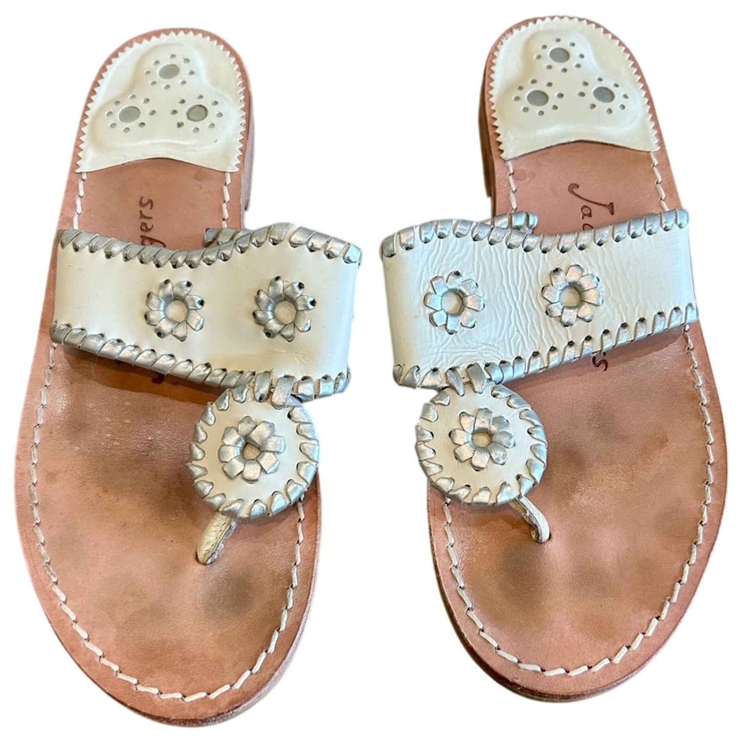 Jack Rogers Women’s Flat Woven Sandals Silver Cream Size 6.5 EUC Preppy Girly