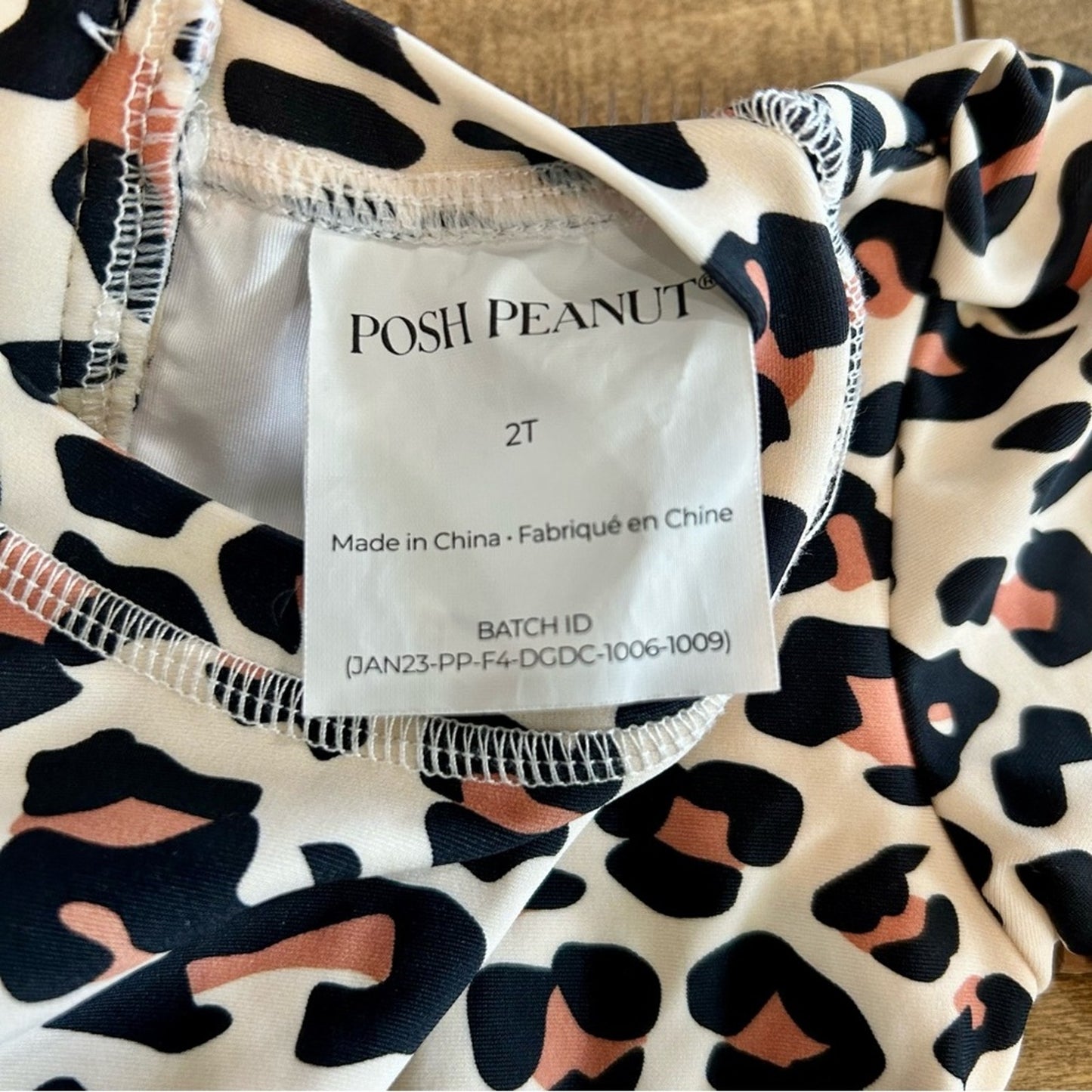 Posh Peanut Girls Leopard Print Ruffle Rash Guard One Piece Swimsuit Cream EUC