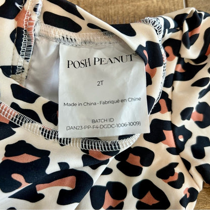 Posh Peanut Girls Leopard Print Ruffle Rash Guard One Piece Swimsuit Cream EUC