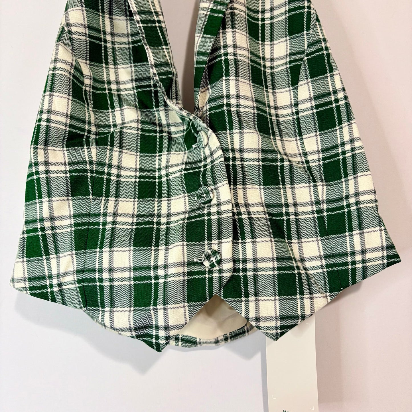 Halara Women’s Sleeveless Halter Plaid Button Up Vest Top Green Cream Size Small NWT