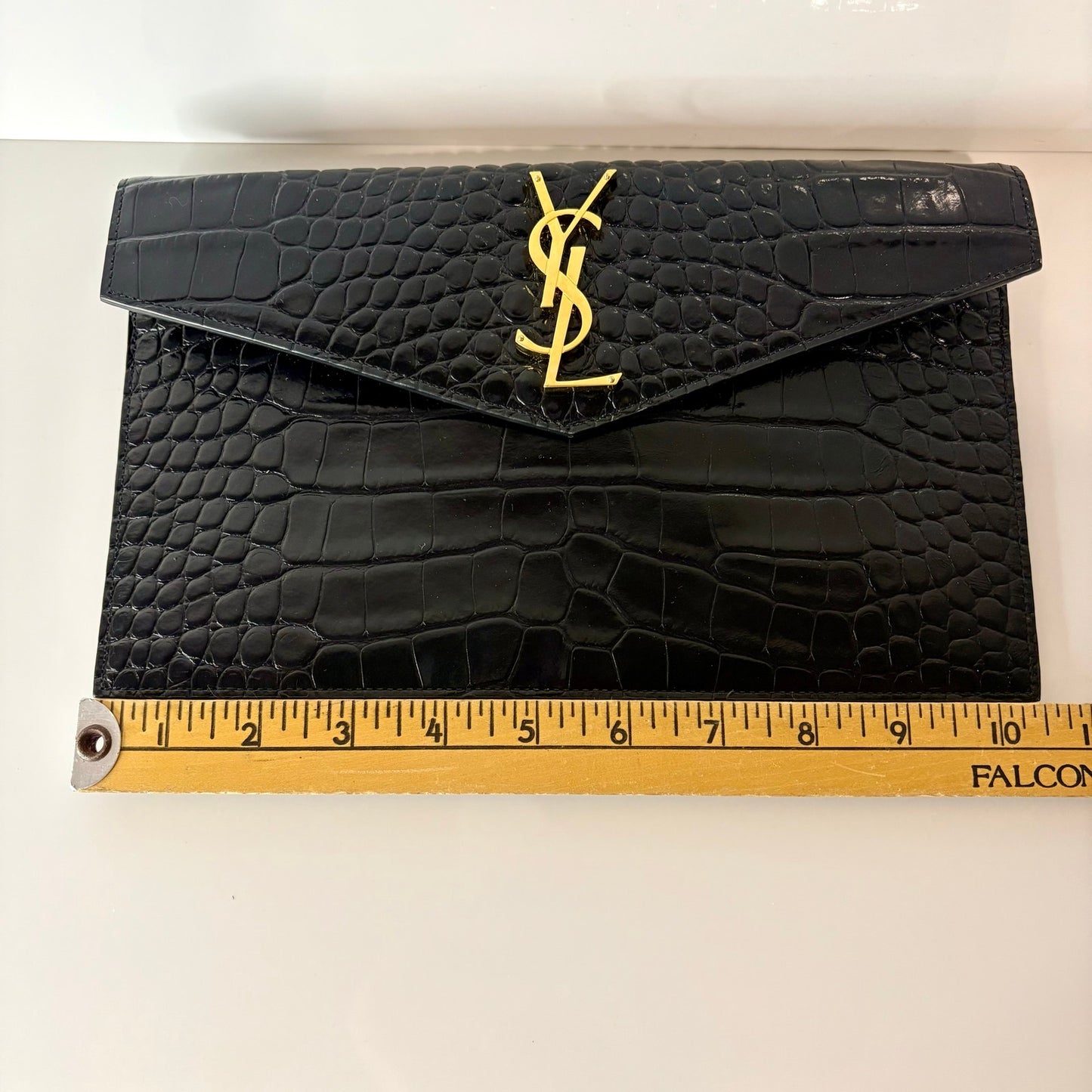 Saint Laurent YSL Uptown Pouch Black Croc Embossed Leather Gold Logo Clutch NWOT