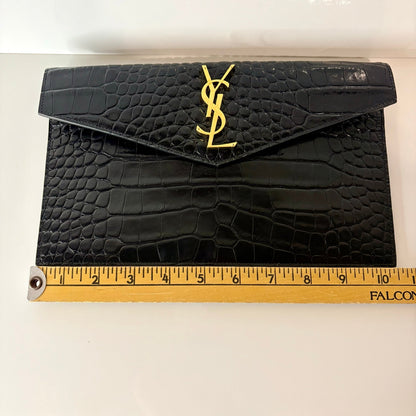 Saint Laurent YSL Uptown Pouch Black Croc Embossed Leather Gold Logo Clutch NWOT