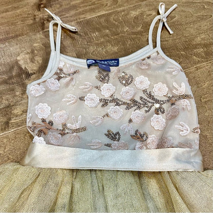 EleStory Girls Sleeveless Floral Sequin Mesh Tulle Dress Tan Gold Size 4T EUC