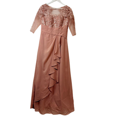 Women’s Lace Bodice Ruffle Chiffon Maxi Formal Gown Dress Dusty Rose Small 4 / 6
