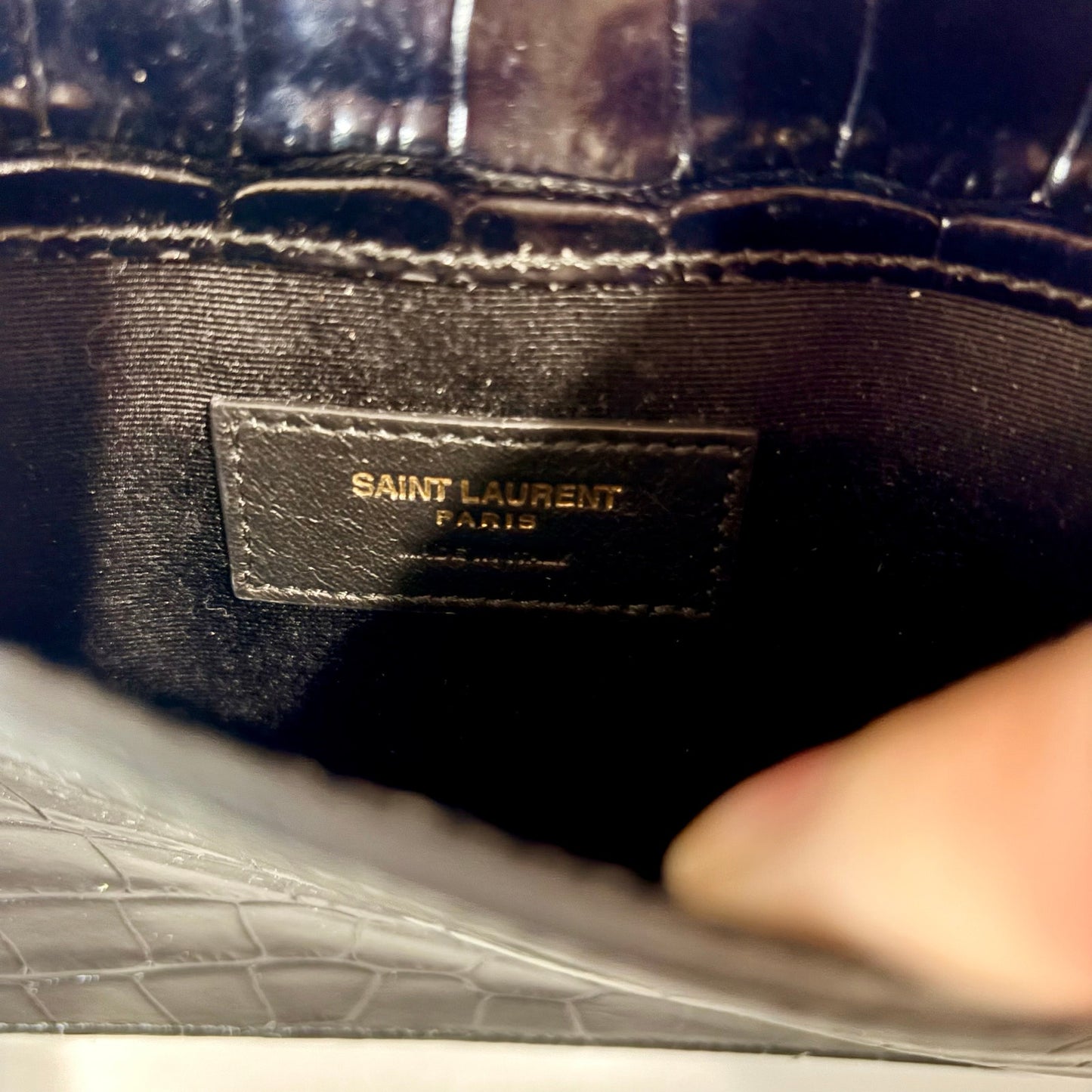 Saint Laurent YSL Uptown Pouch Black Croc Embossed Leather Gold Logo Clutch NWOT