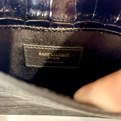 Saint Laurent YSL Uptown Pouch Black Croc Embossed Leather Gold Logo Clutch NWOT