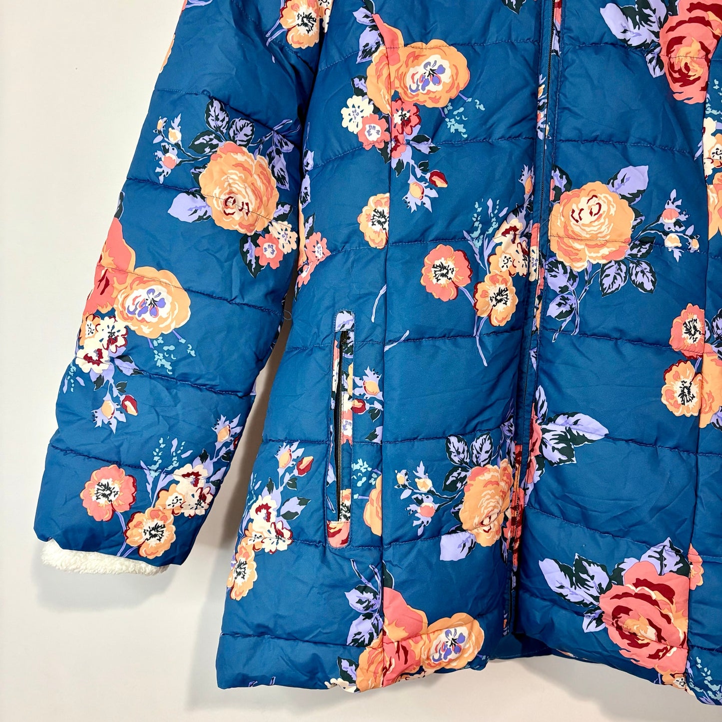 Matilda Jane Women’s Break the Ice Floral Faux Fur Puffer Jacket Teal Medium EUC