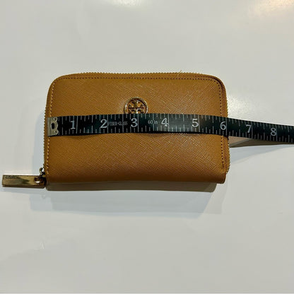 Tory Birch Robinson Zip Around Mini Wallet Saffiano Leather Tan EUC Luxury Logo