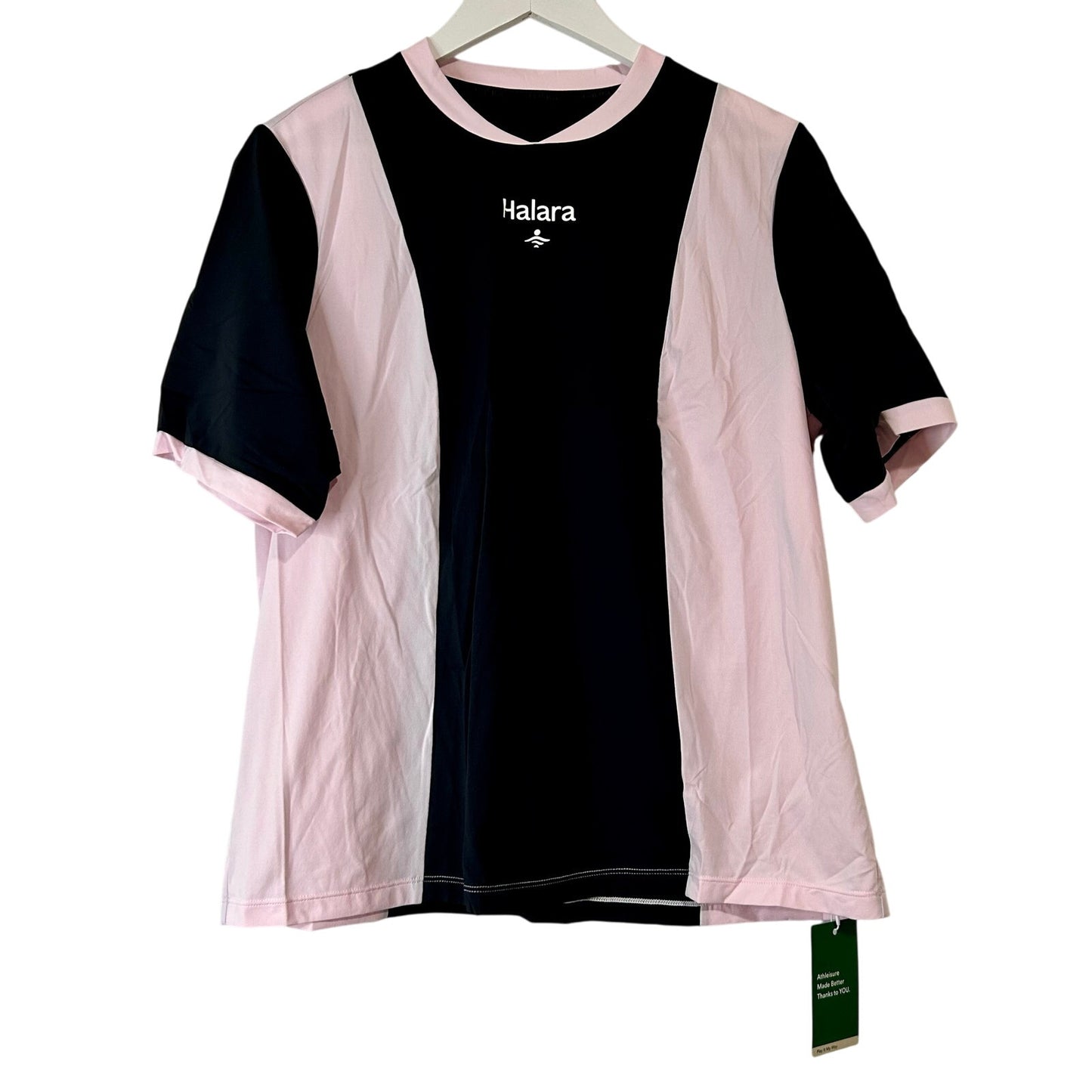 Halara Women’s V-Neck Athletic T-Shirt Pink Black Size Medium NWT Colorblock Polyester
