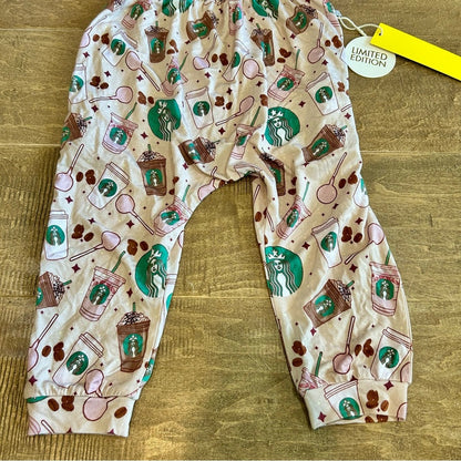 Monkeeroos Pajamas Girls Starbucks Cake Pop Romper Pjs Tan NWT Coffee Limited